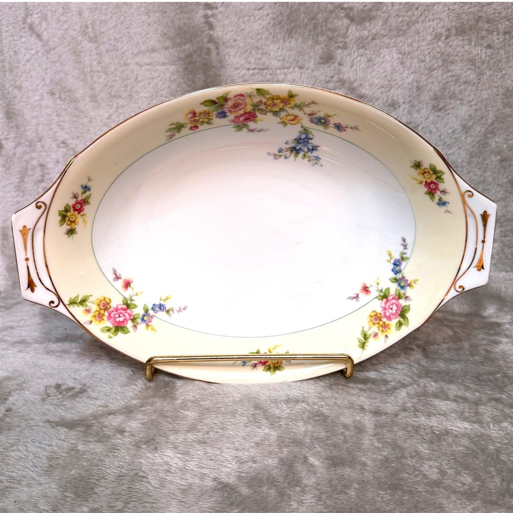 Vintage‎ Meito China Oval Serving Platter Floral Gold Trim Handles Japan